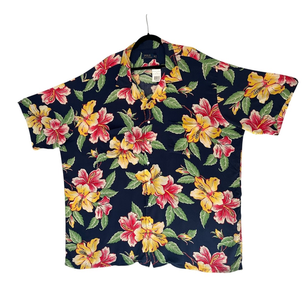 Polo Ralph Lauren Mens 3XLT Hawaiian Aloha Shirt Cotton Hibiscus Floral Navy NWT